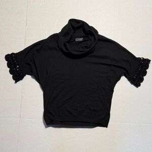 LALTRAMODA Women's Black Cowl Neck Sweater Lace Embellished Sleeve Made in Italy